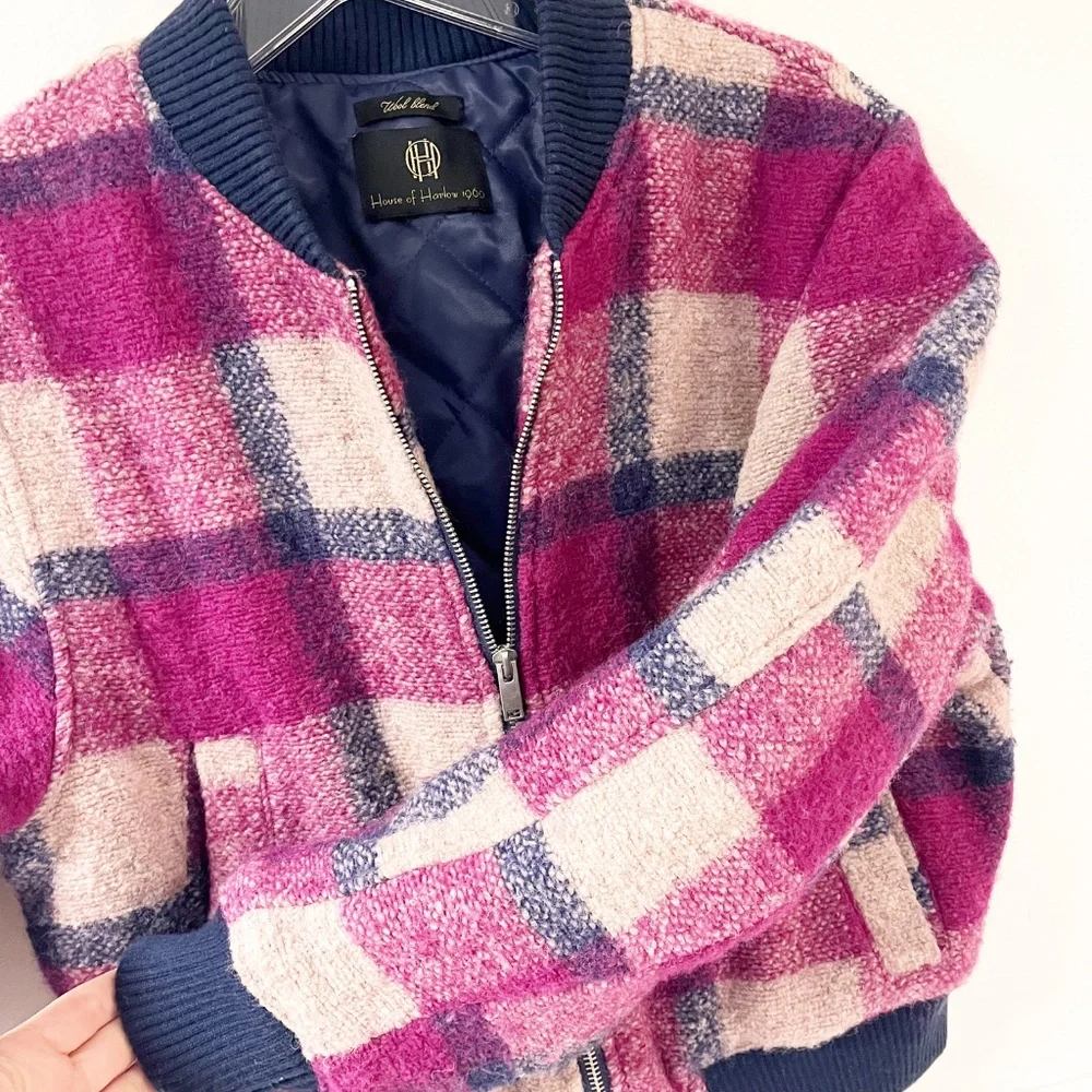 House of Harlow 1960 Women's Plaid Wool-Blend Quilted Lined Bomber Jacket